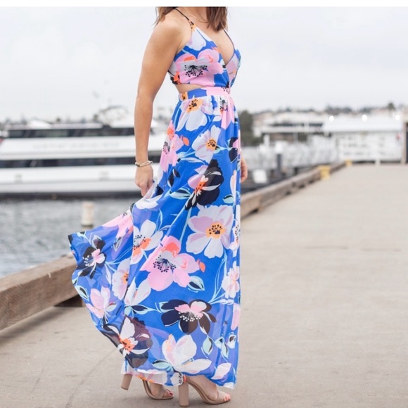 Express Dresses & Skirts - NWT Size small Express Blue Floral Maxi Dress with Pink and Black Accents